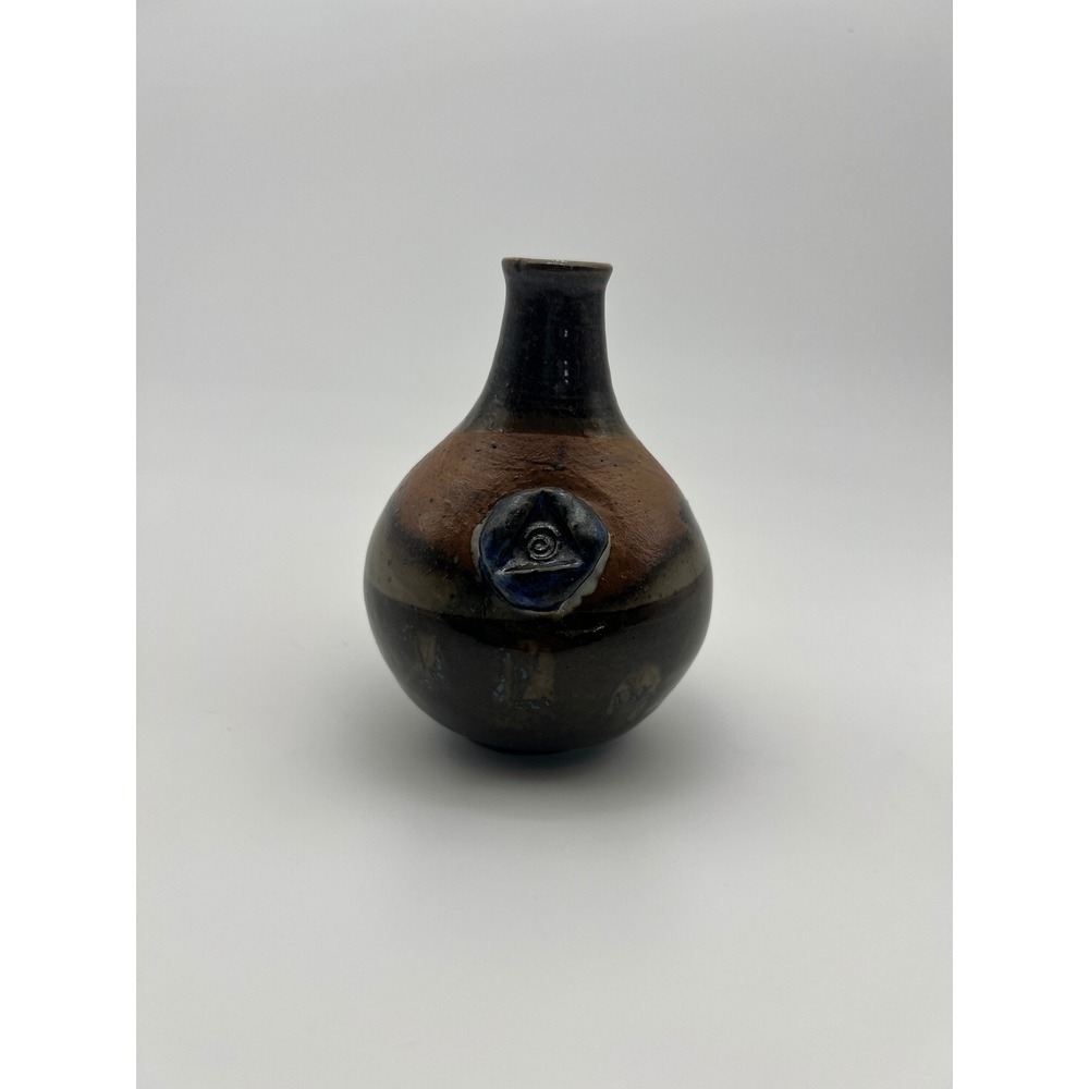 Studio Pottery Bud Vase Signed Handcrafted Brown Blue Triangle Symbol 5.25"